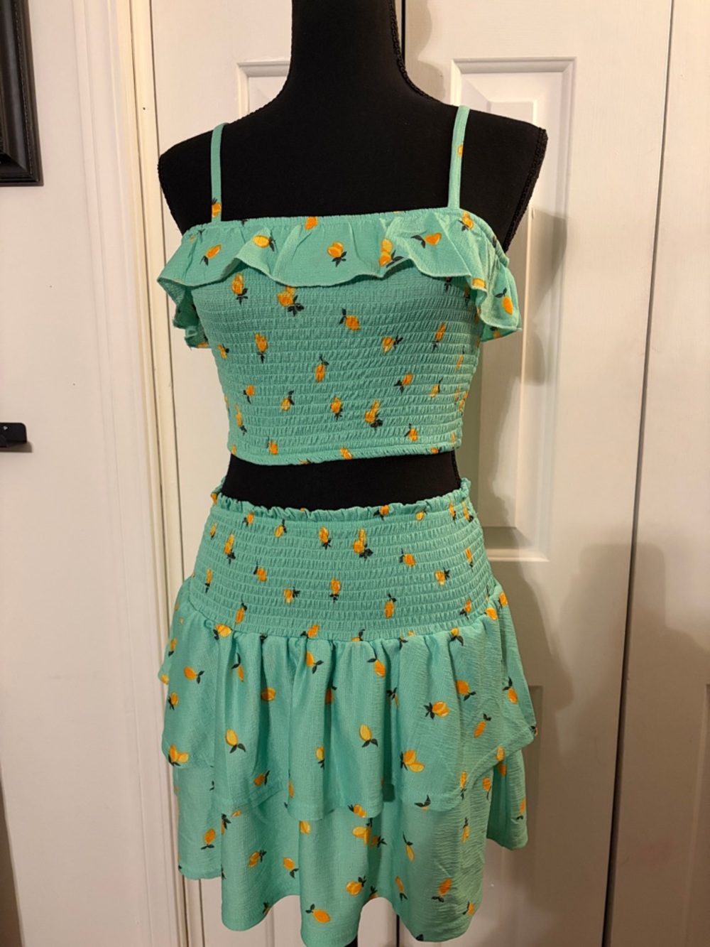 Mint Green Floral Smocked Skirt Set with Ruffle Details